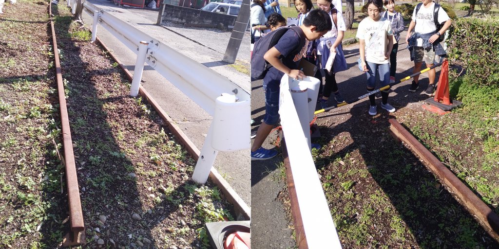 線路の幅を足で測ってます